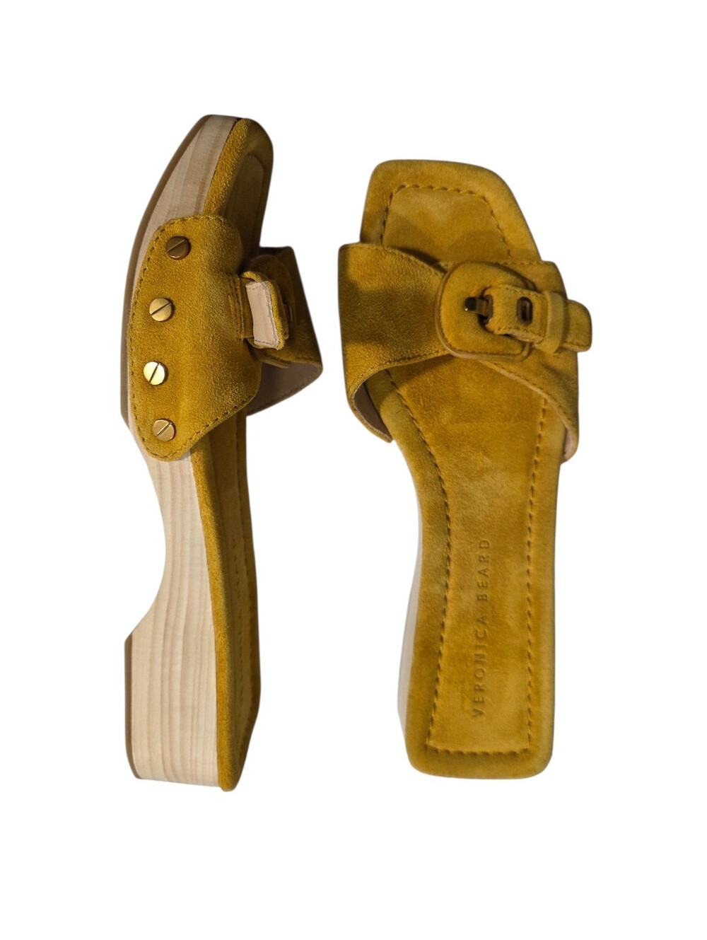 Veronica Beard Davina Sandal in Saffron Yellow Gold Wood Buckle Size 7 Boho